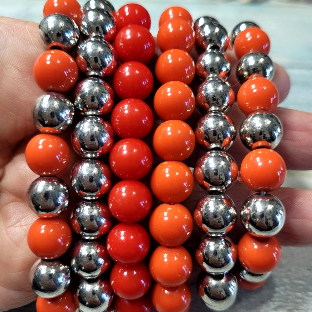 Orange and Silver Beaded Bracelet Set - Picture 2 of 5